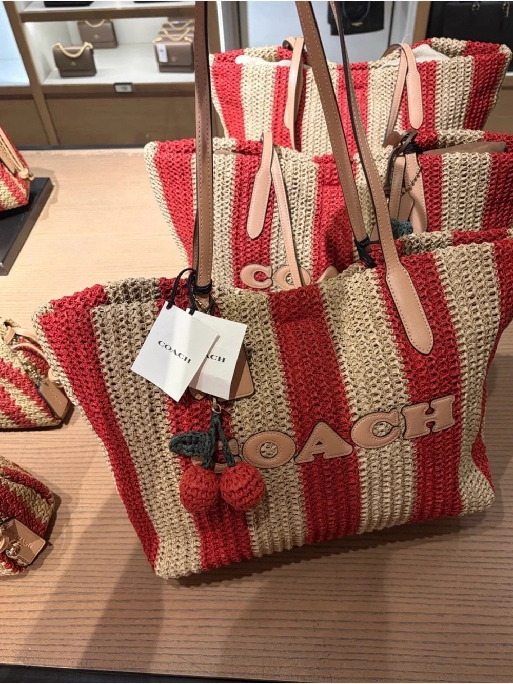 NWT COACH THE CITY TOTE BAG RED/TAN Striped Straw Tote Leather Logo, Handles.